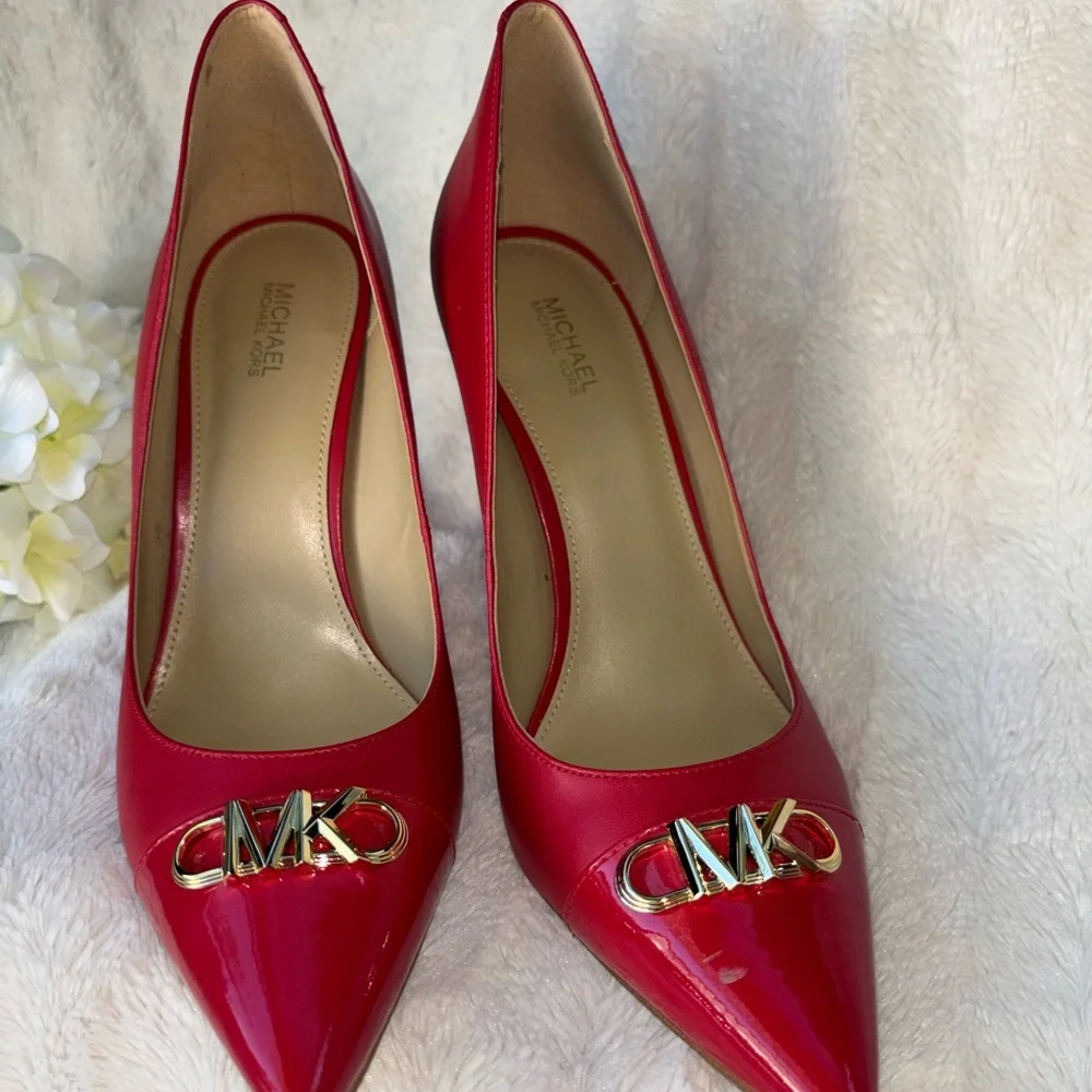Michael Kors Red Pointed Toe Leather Pumps with Gold MK Logo size 9.5